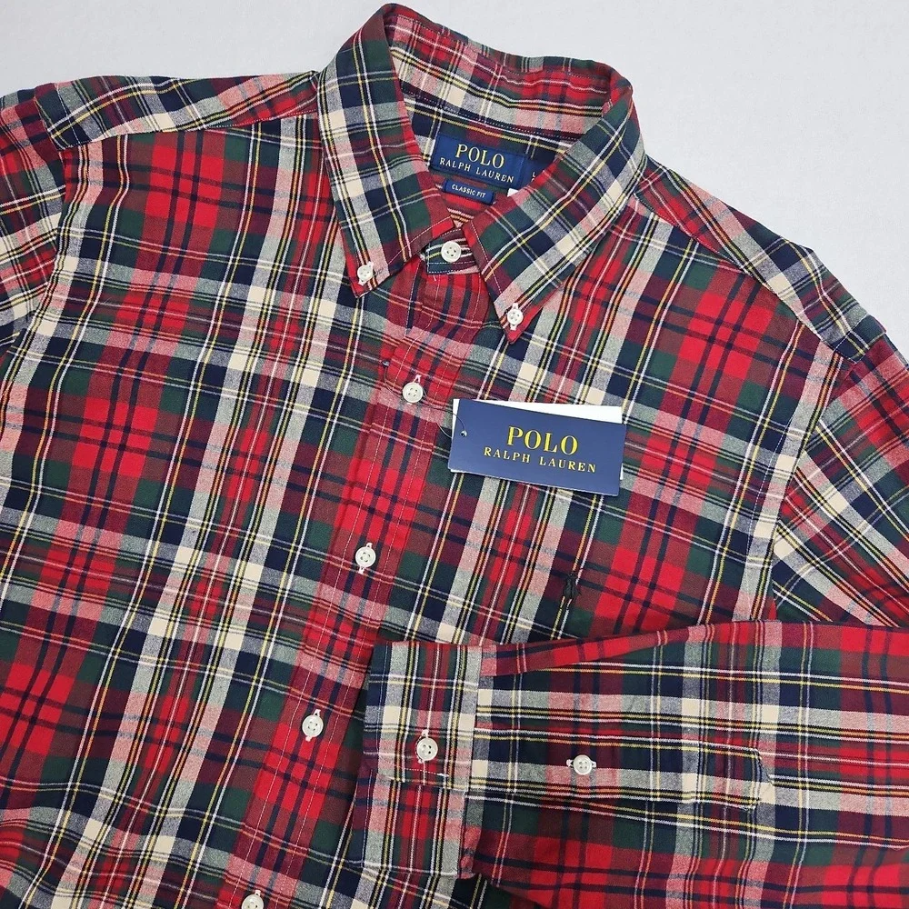 Polo Ralph Lauren Classic Fit Plaid Oxford Button Down Shirt Red Green Mens L